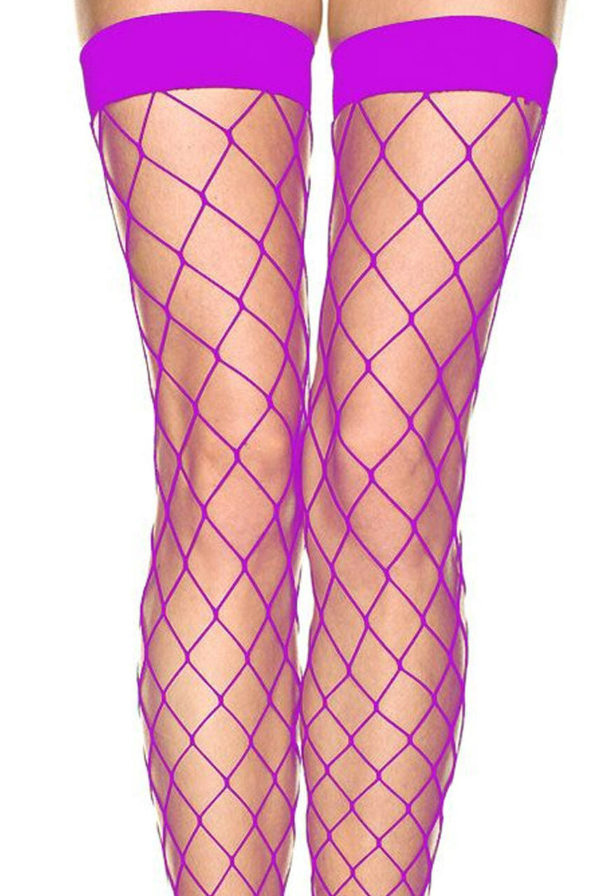 Neon Green Diamond Net Stockings with Wide Bands