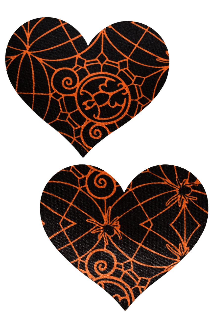 Black and orange spiderweb heart nipple pasties