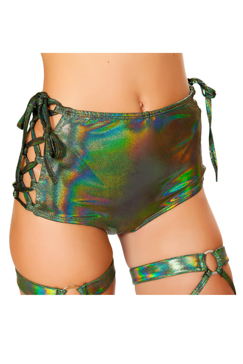 Shop rave green high waist shorts with lace-up sides
