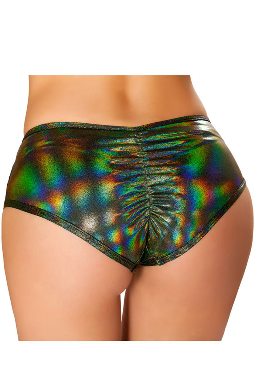 Back image of metallic green mid-rise shorts with cutout and ring accent details for rave or festival wear