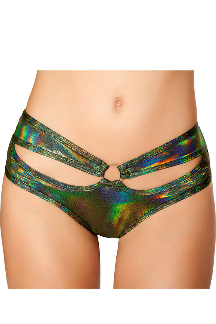 Shop metallic green mid-rise shorts with cutout and ring accent details for rave or festival wear