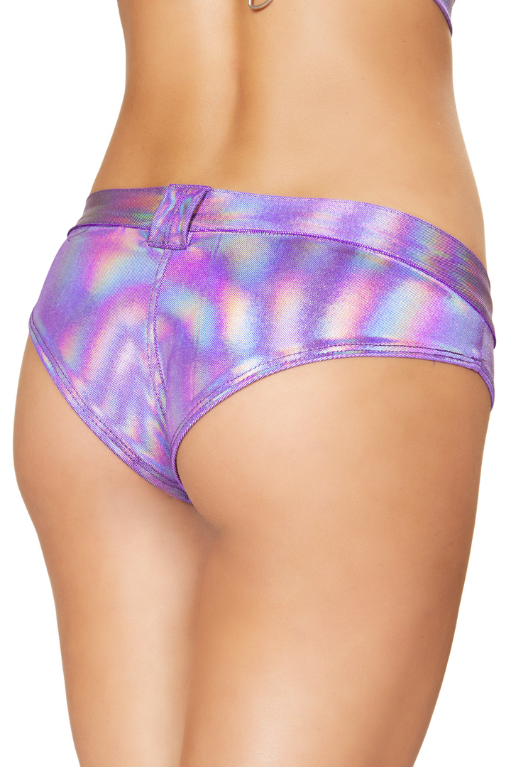 Shop these purple shimmer booty shorts with belt loops and buttons