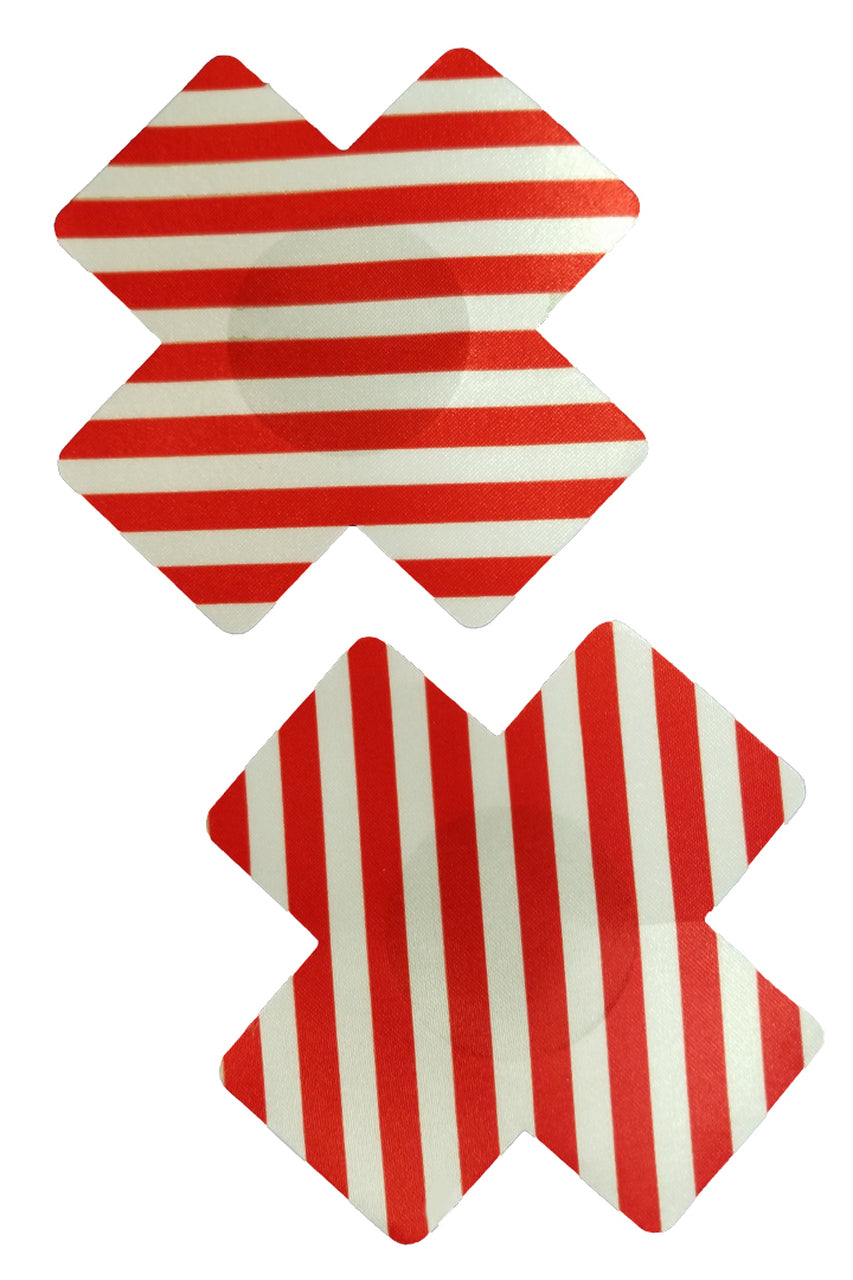 Women's double plus sign nipple pasties with red and white stripes