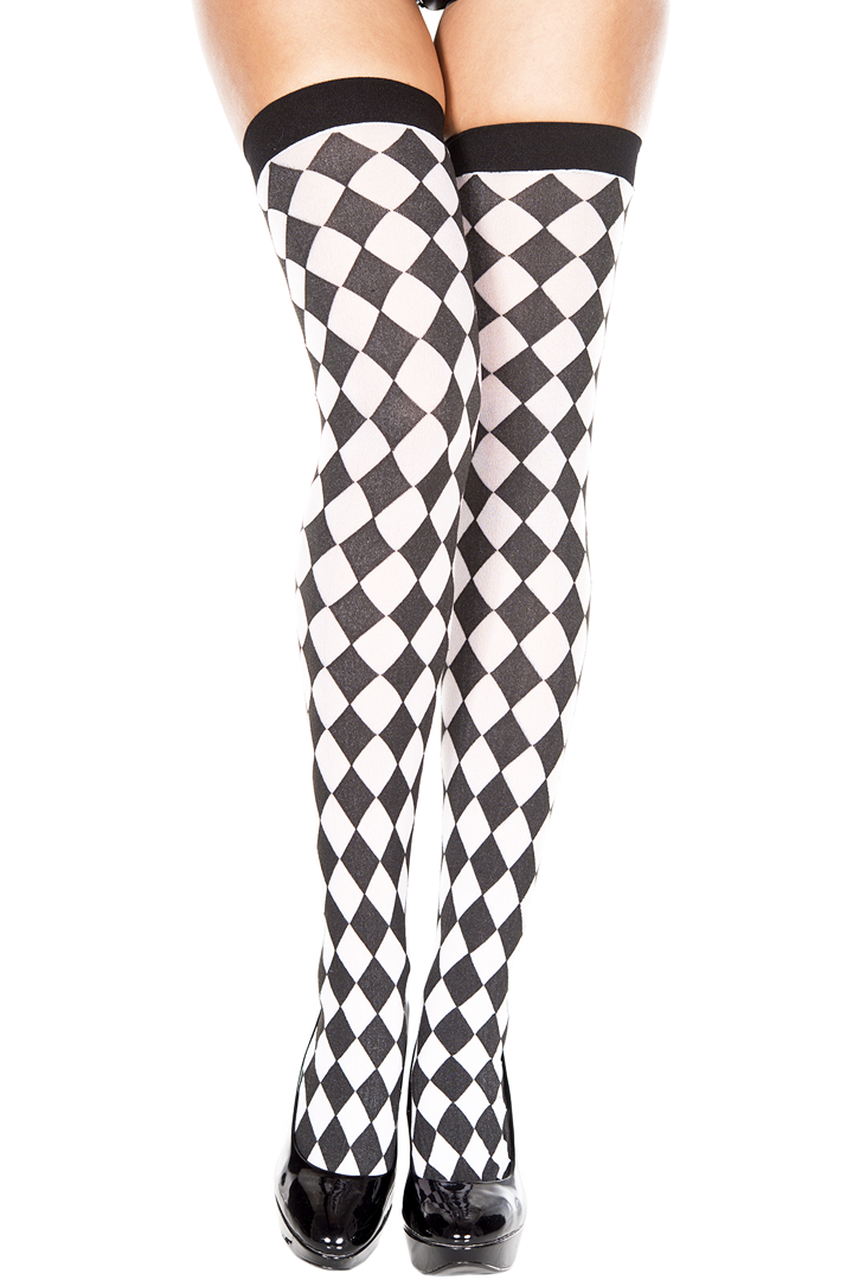 Shop these women's black and white diamond checker thigh high nylon stockings