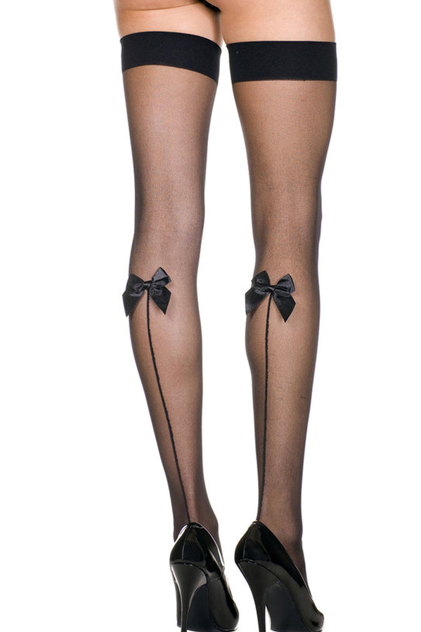 Women's Sheer Black Thigh High Stockings with Black Bows