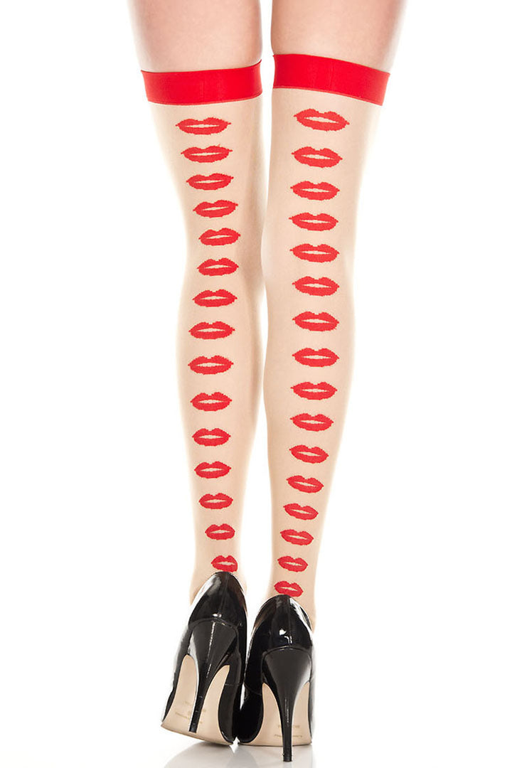 Shop these lips print leggings that feature kisses print thigh highs