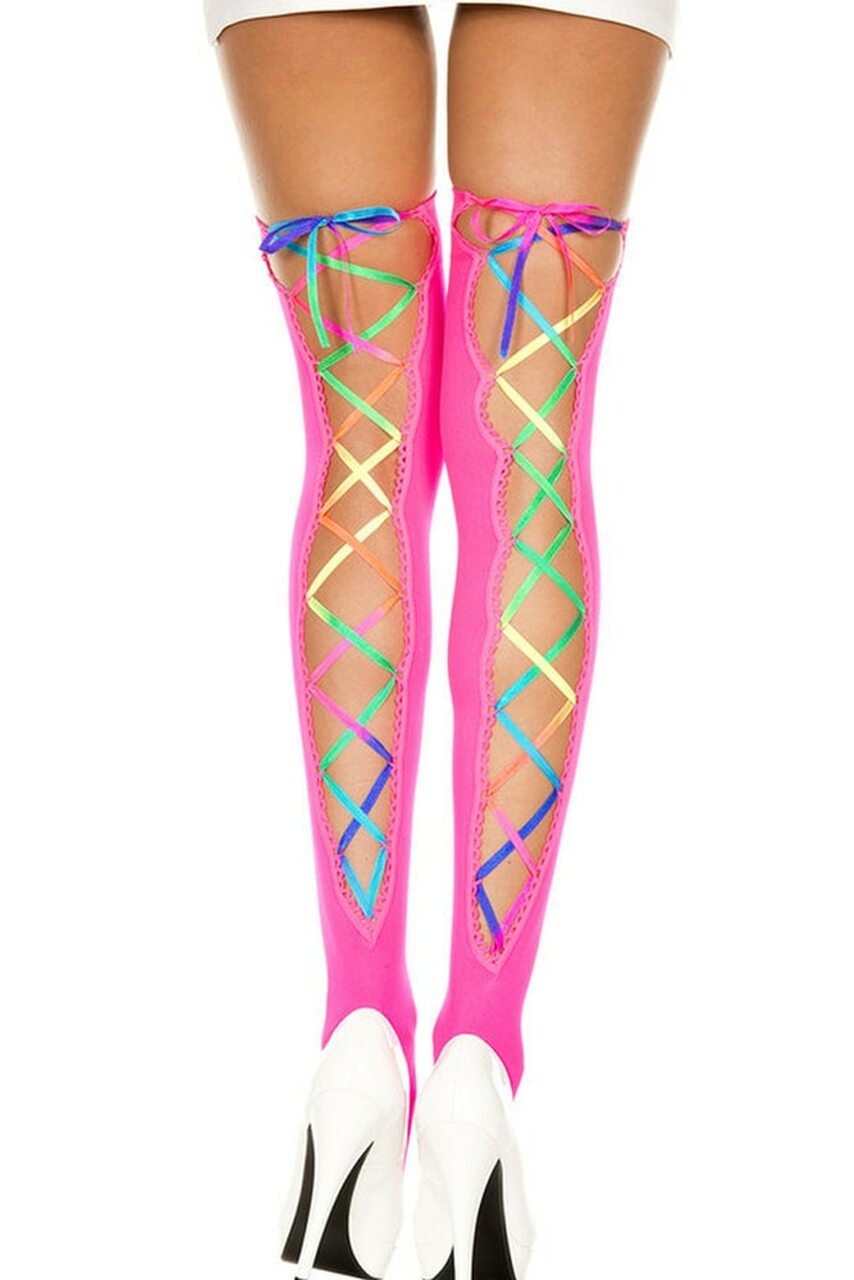 Women's hot pink thigh high stockings with lace up rainbow ribbon back
