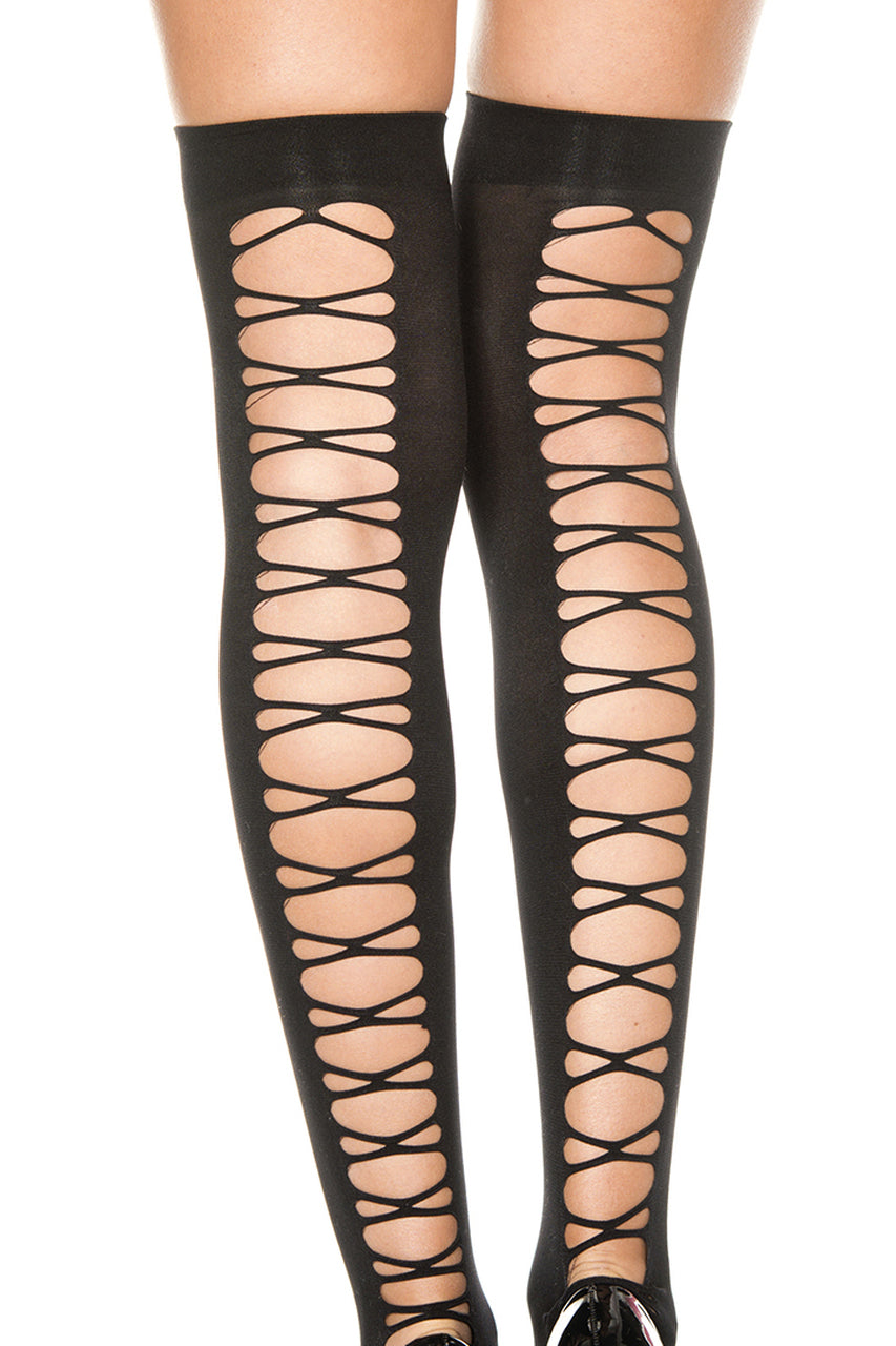 Shop this women's black thigh high stockings with cutout lace up backs