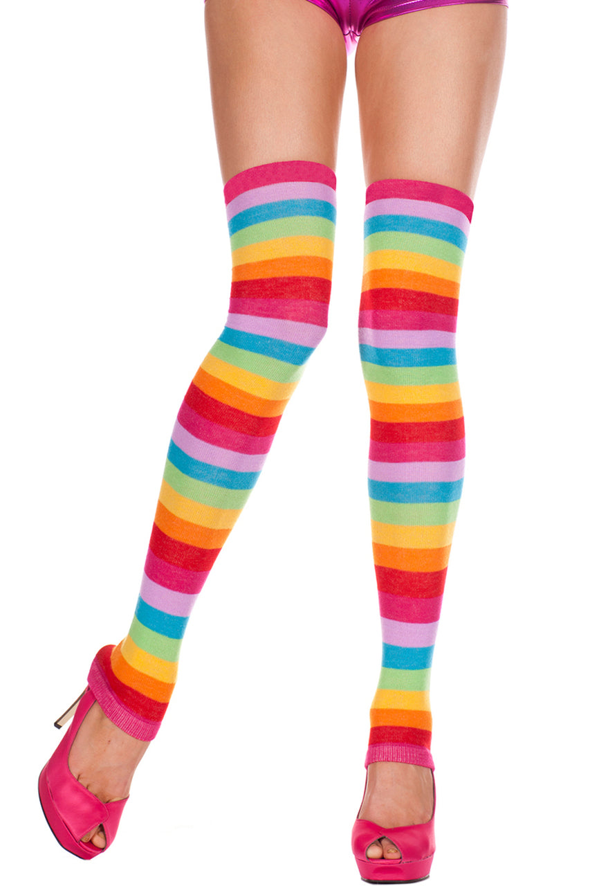 Shop women's footless thigh high stockings with rainbow stripe pattern.