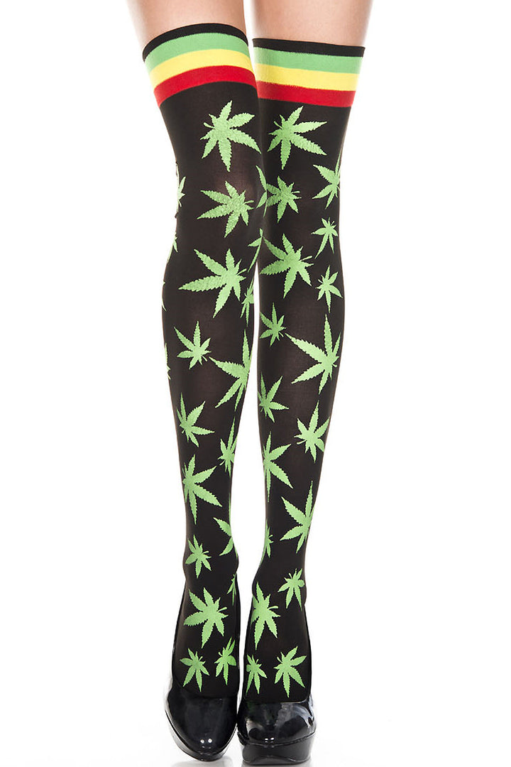 Shop these weed print leggings that feature marijuana print thigh highs