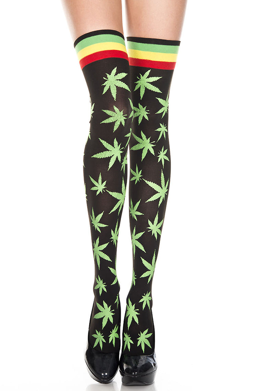 Shop these fun and flirty marijuana print thigh high stockings featuring weed leaf print leggings