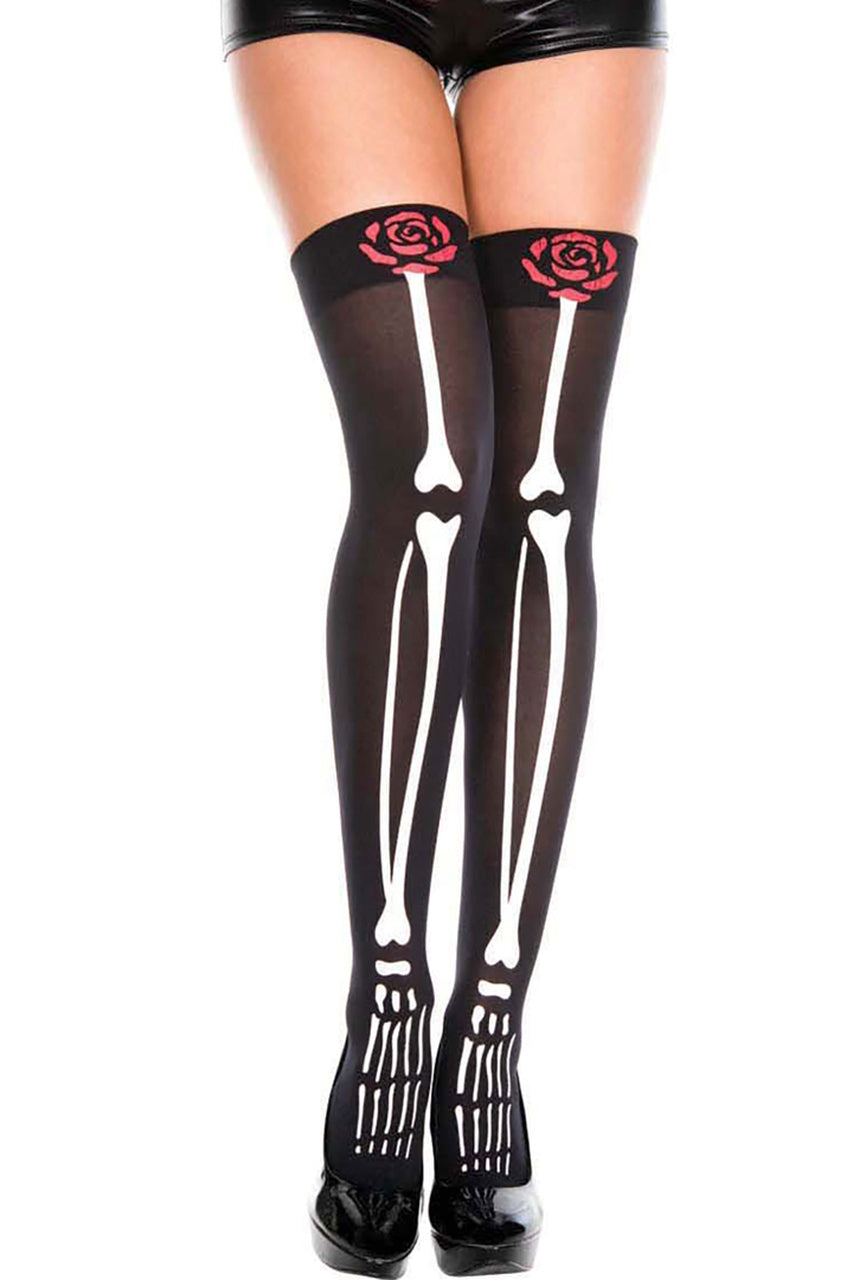 Shop women's thigh high black stockings with white skeleton print
