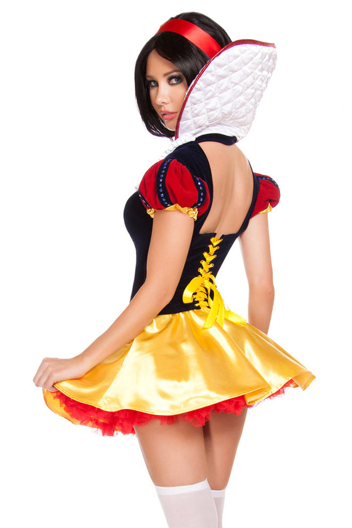 Shop women's 2 Piece Sinful Snow costume. Includes Lace-up Top with Rhinestones and Attached Collar, and Flared Skirt.