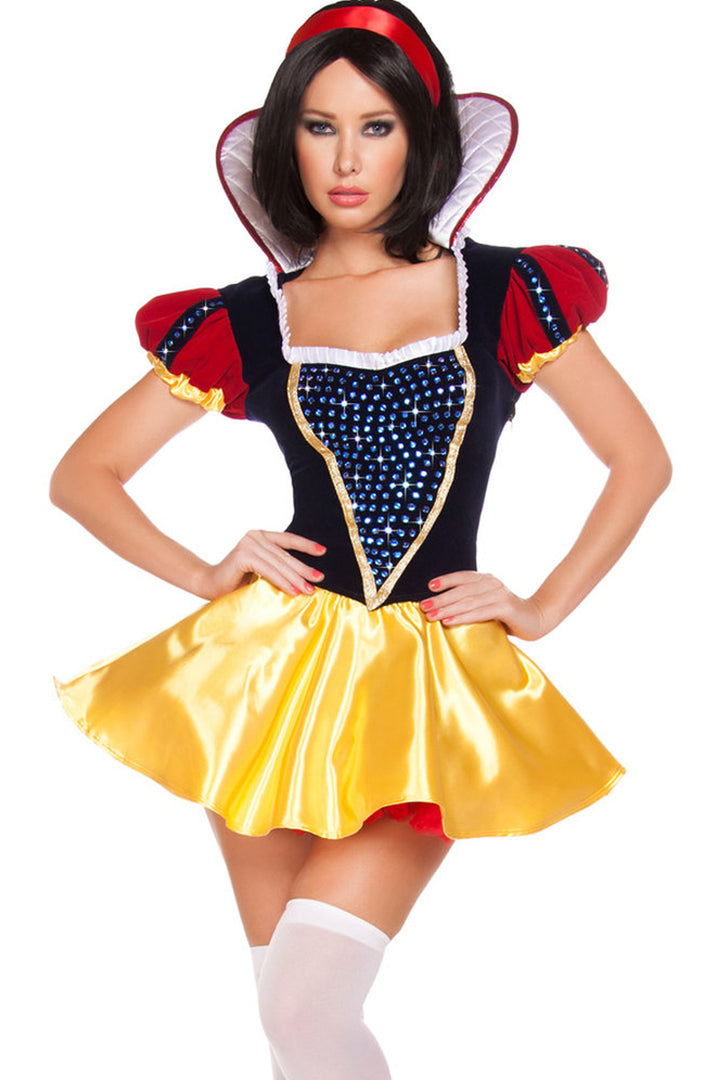 Shop women's 2 Piece Sinful Snow costume. Includes Lace-up Top with Rhinestones and Attached Collar, and Flared Skirt.