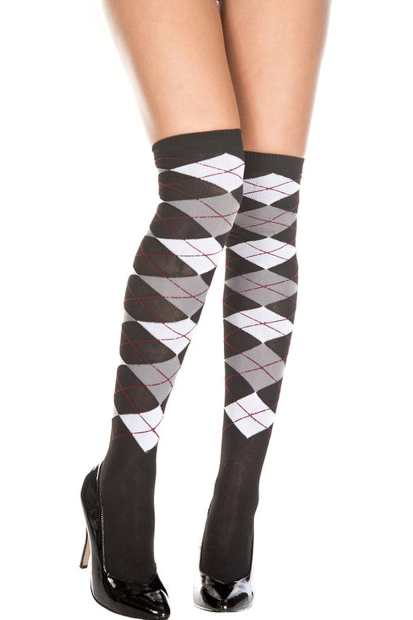 Women's  black and gray argyle above the knee stocking socks