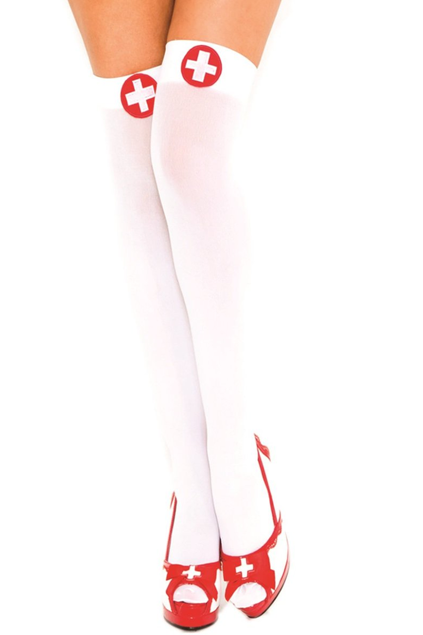 Shop these sexy nurse costume leggings featuring white thigh high stockings with red and white cross detail