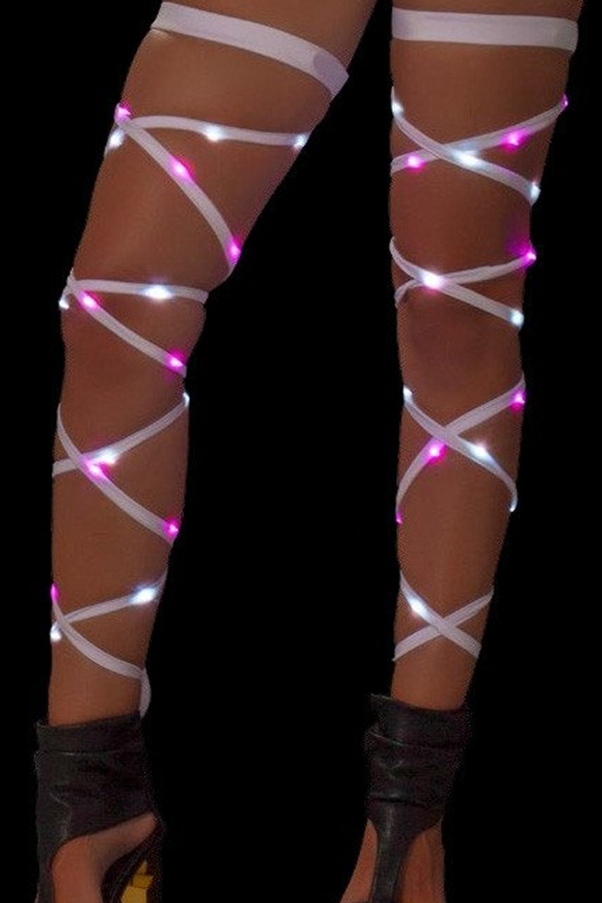 Women's pink and white lights woven into white leg wraps.  Product made by J. Valentine.