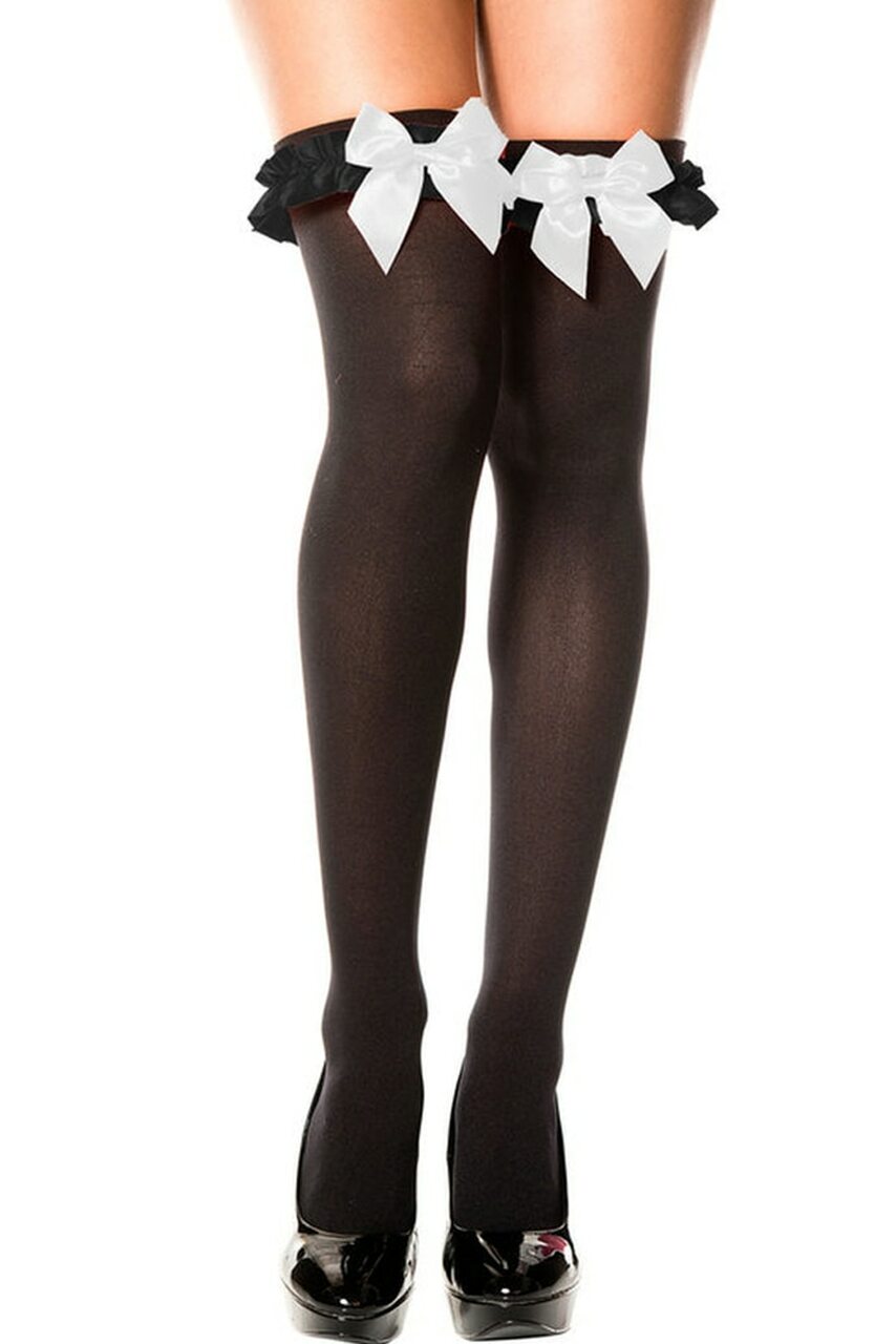 Women's black thigh high nylons with white bow accents.