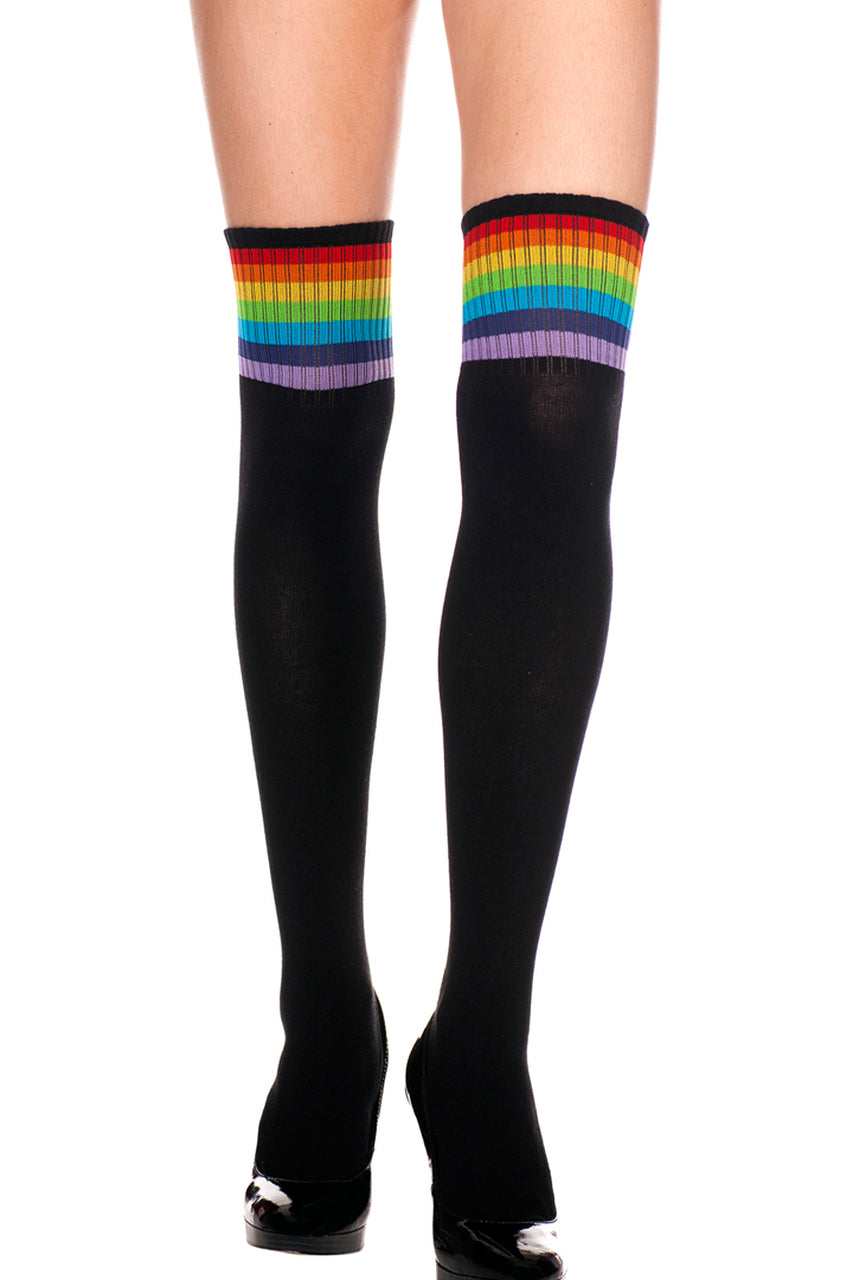 Shop women's black thigh high leggings with rainbow stripes on top.