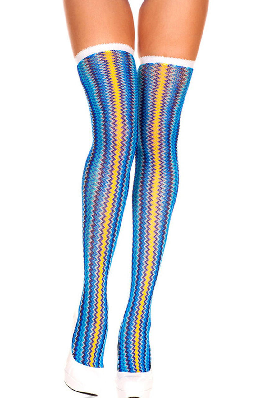 Shop women's Blue and yellow zigzag thigh high stock leggings
