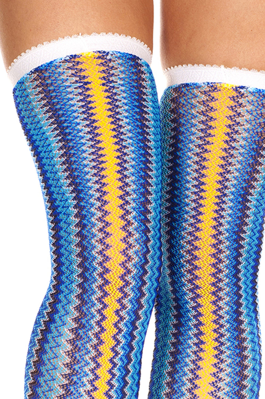 Women's blue and yellow zig zag thigh high socks