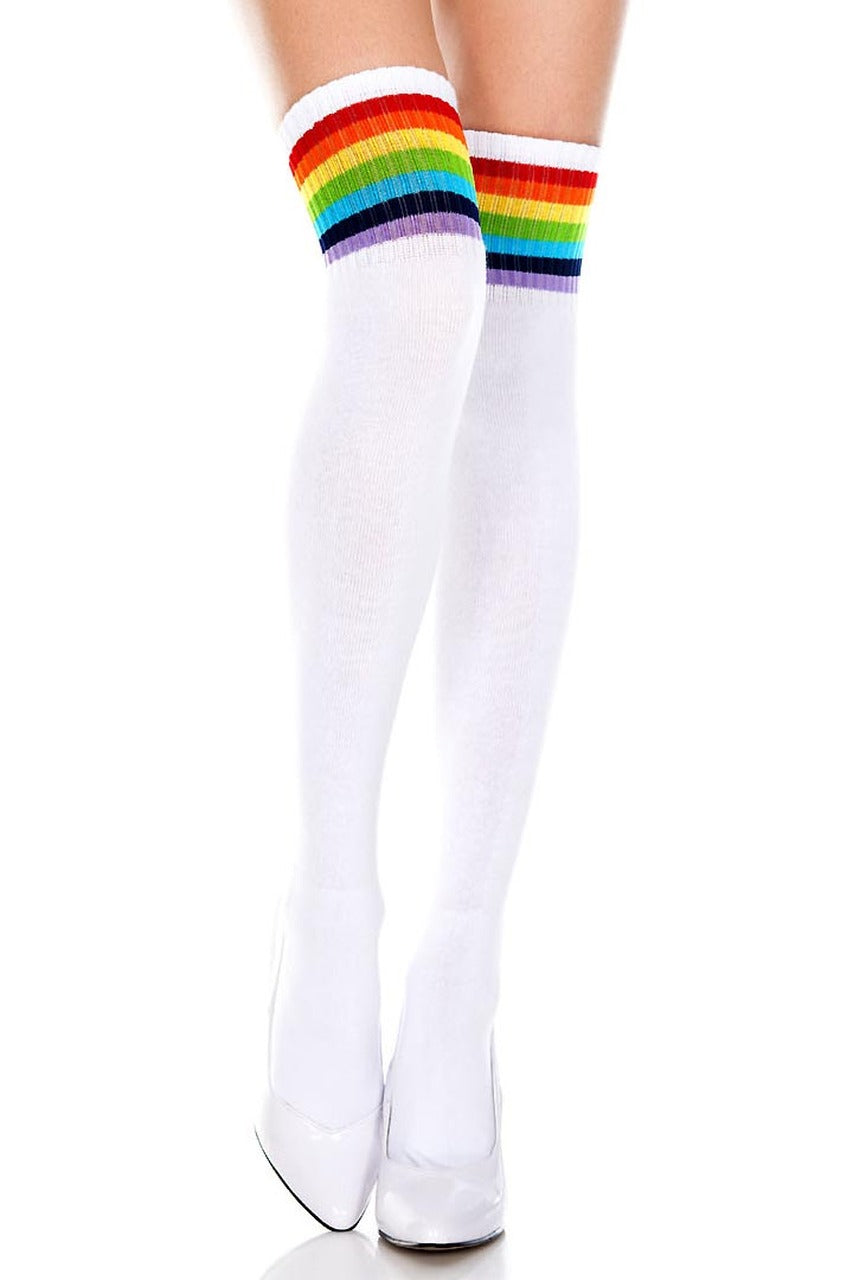 Shop these rainbow striped thigh high socks that include rainbow stripes around the thighs