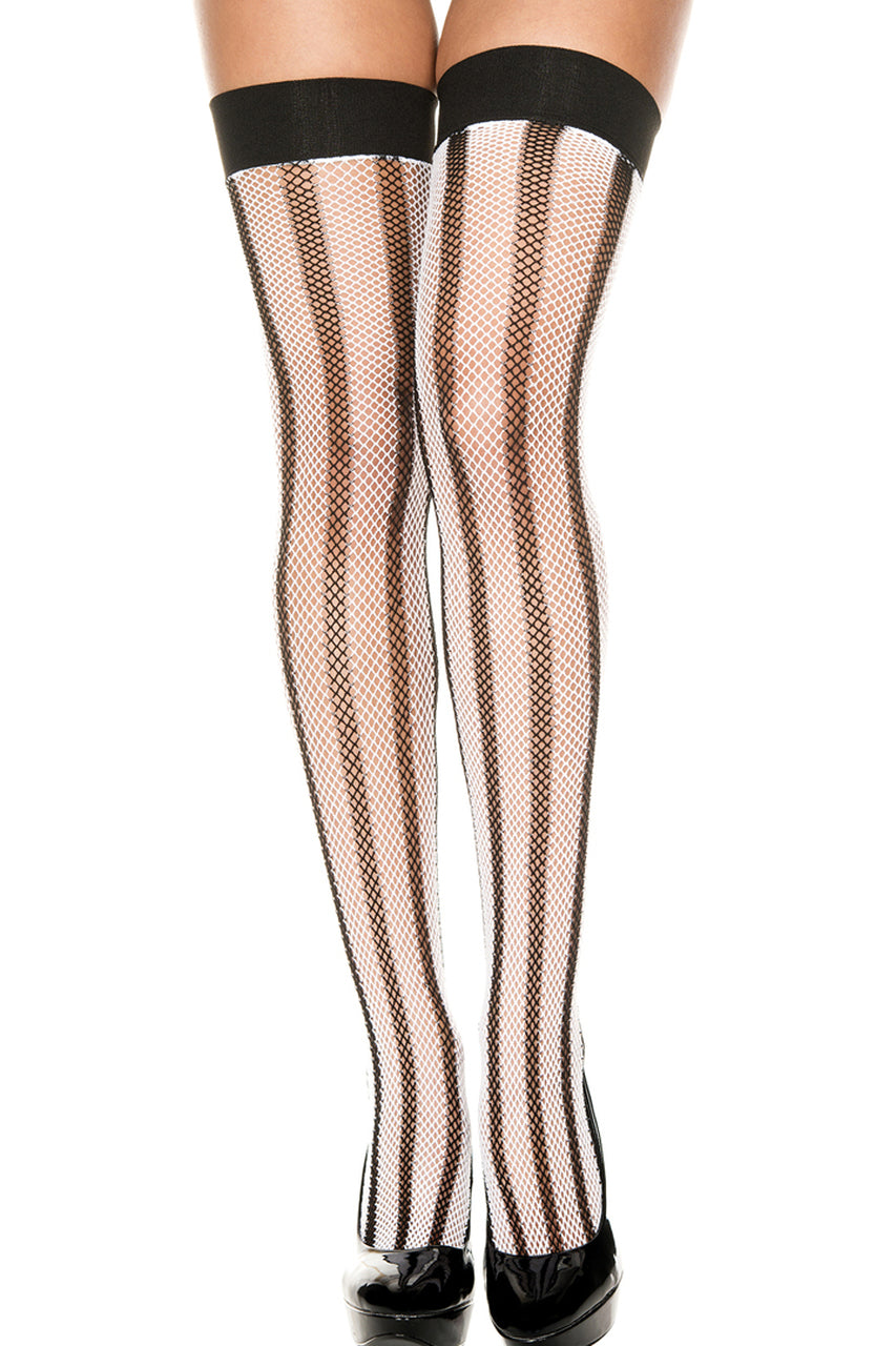Shop these women's white and black striped fishnet tights with vertical stripes