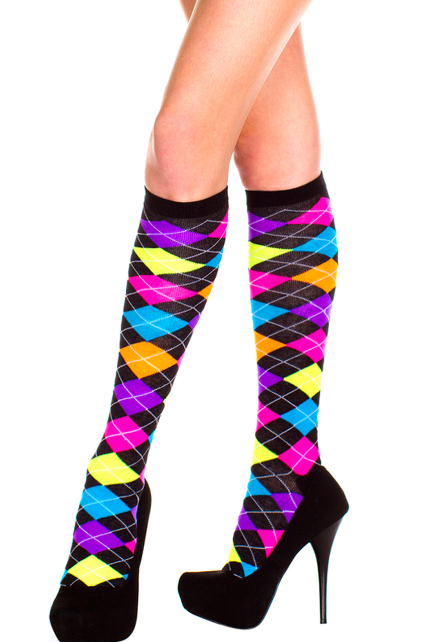 Shop black and rainbow argyle knee high sock stockings