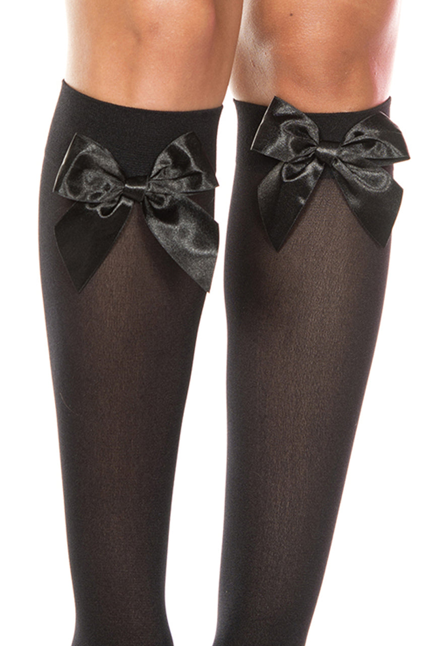 Women's black knee high socks with black satin bows