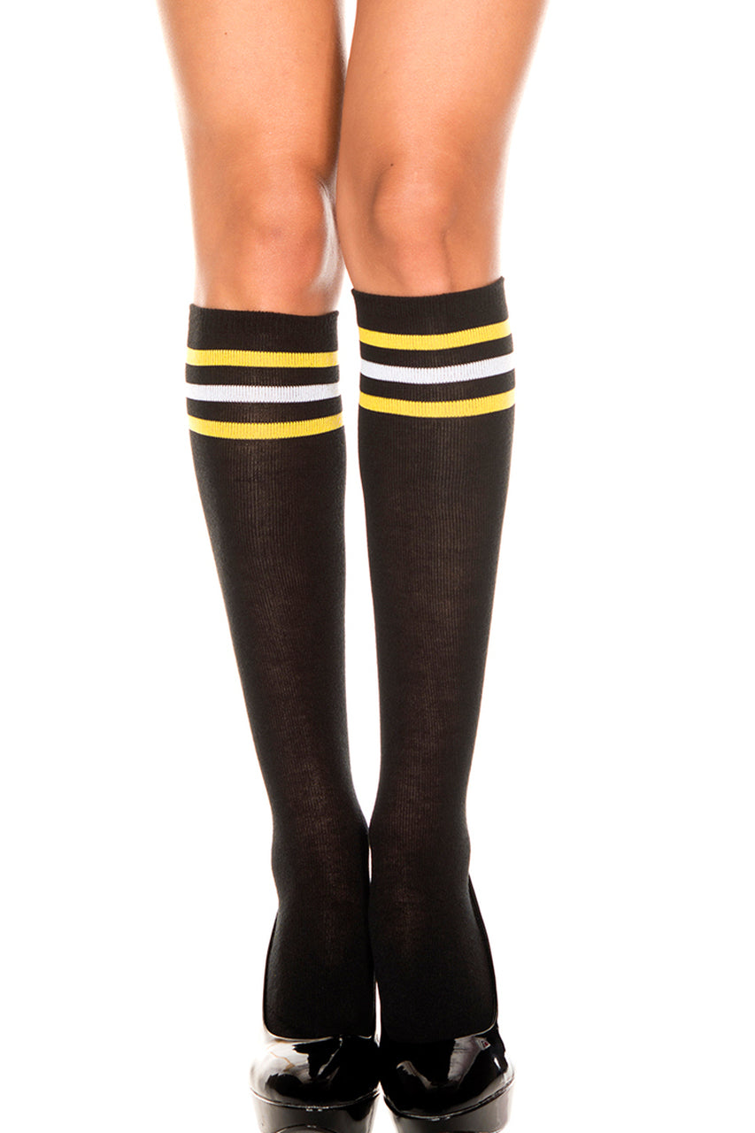 Sock style black knee hi stockings with yellow and white athletic stripes at the top.