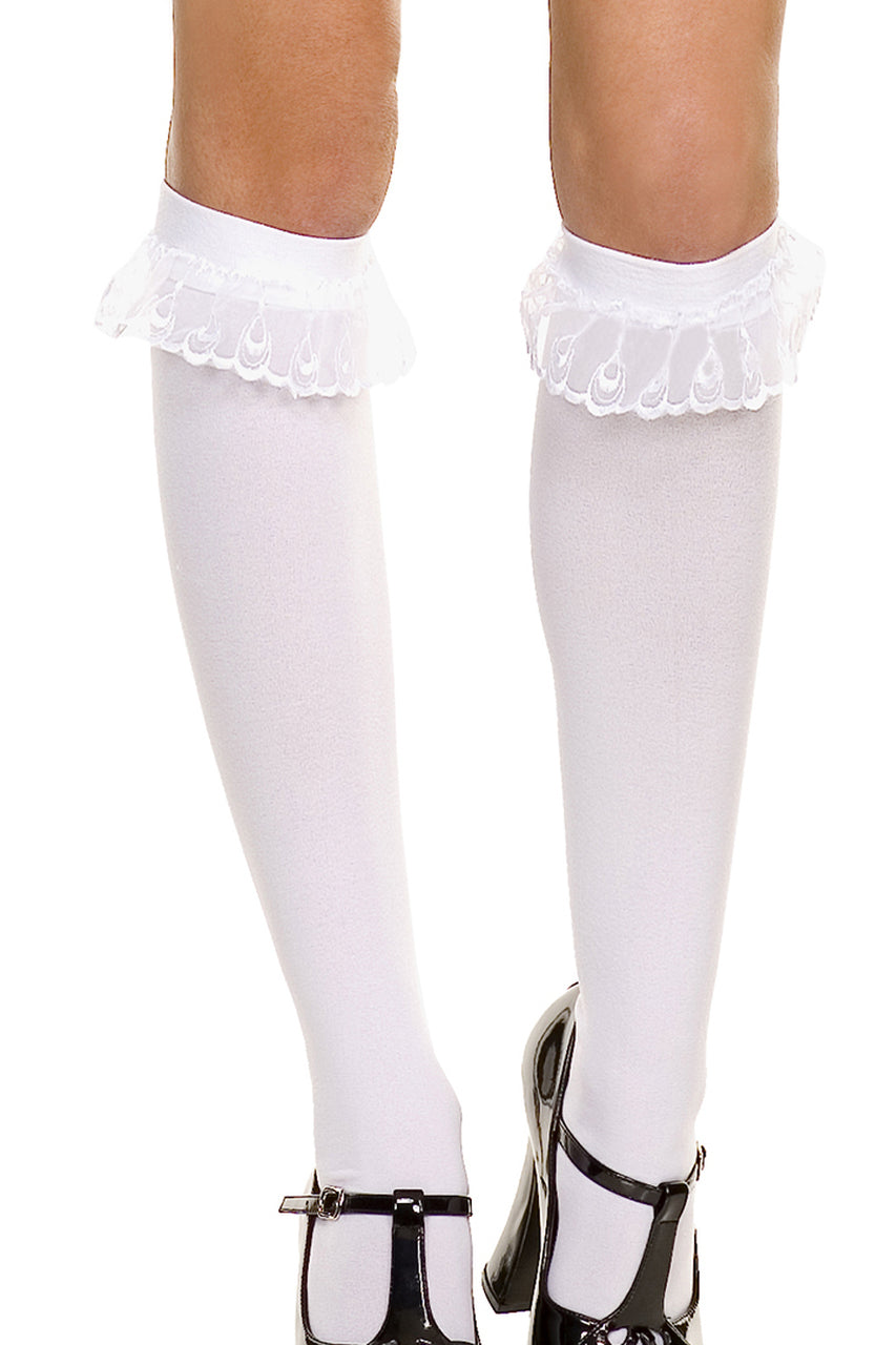 Ruffle Lace White Opaque Knee Hi Stockings –