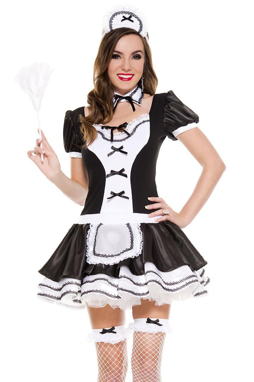 Shop this women's sexy French maid costume with black satin mini dress with keyhole neckline and ruffle underlay