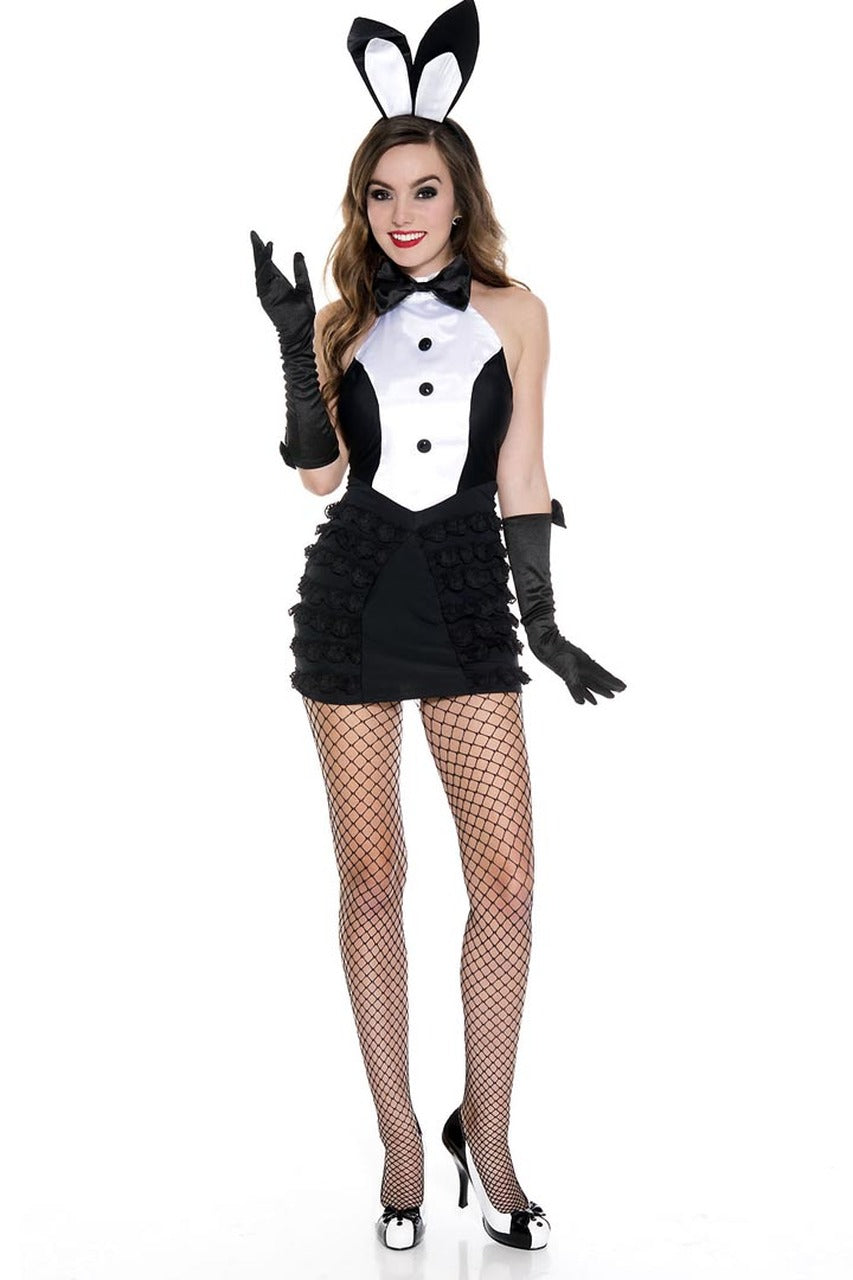 Shop this women's tuxedo bunny costume with ruffle mini dress and accessories