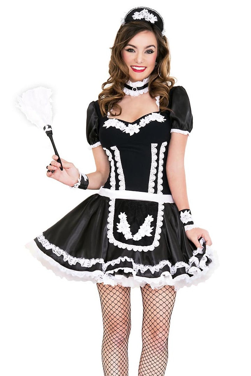 Shop this women's sexy French maid costume featuring beautiful floral lace with accessories