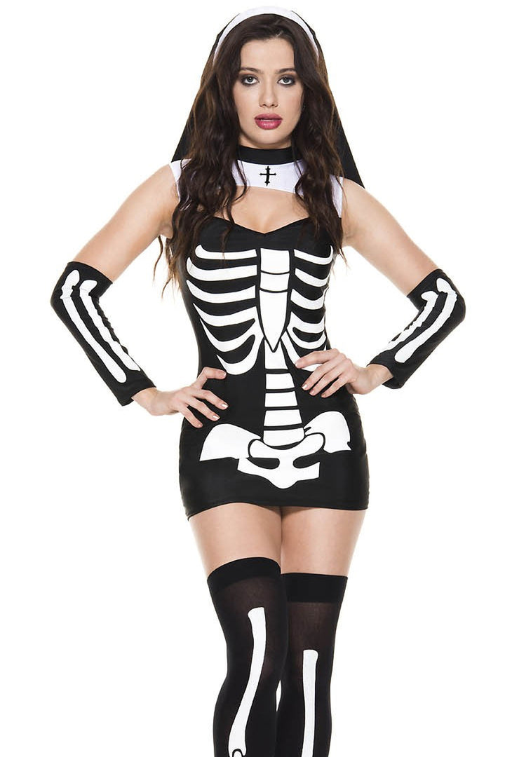 Skeleton costume, women's sexy skeleton costume, sexy nun skeleton costume
