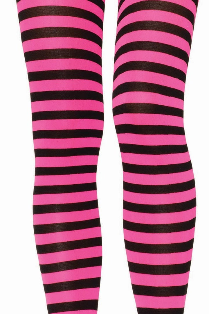 Shop these women's nylon pantyhose with feet that feature hot pink and black stripes