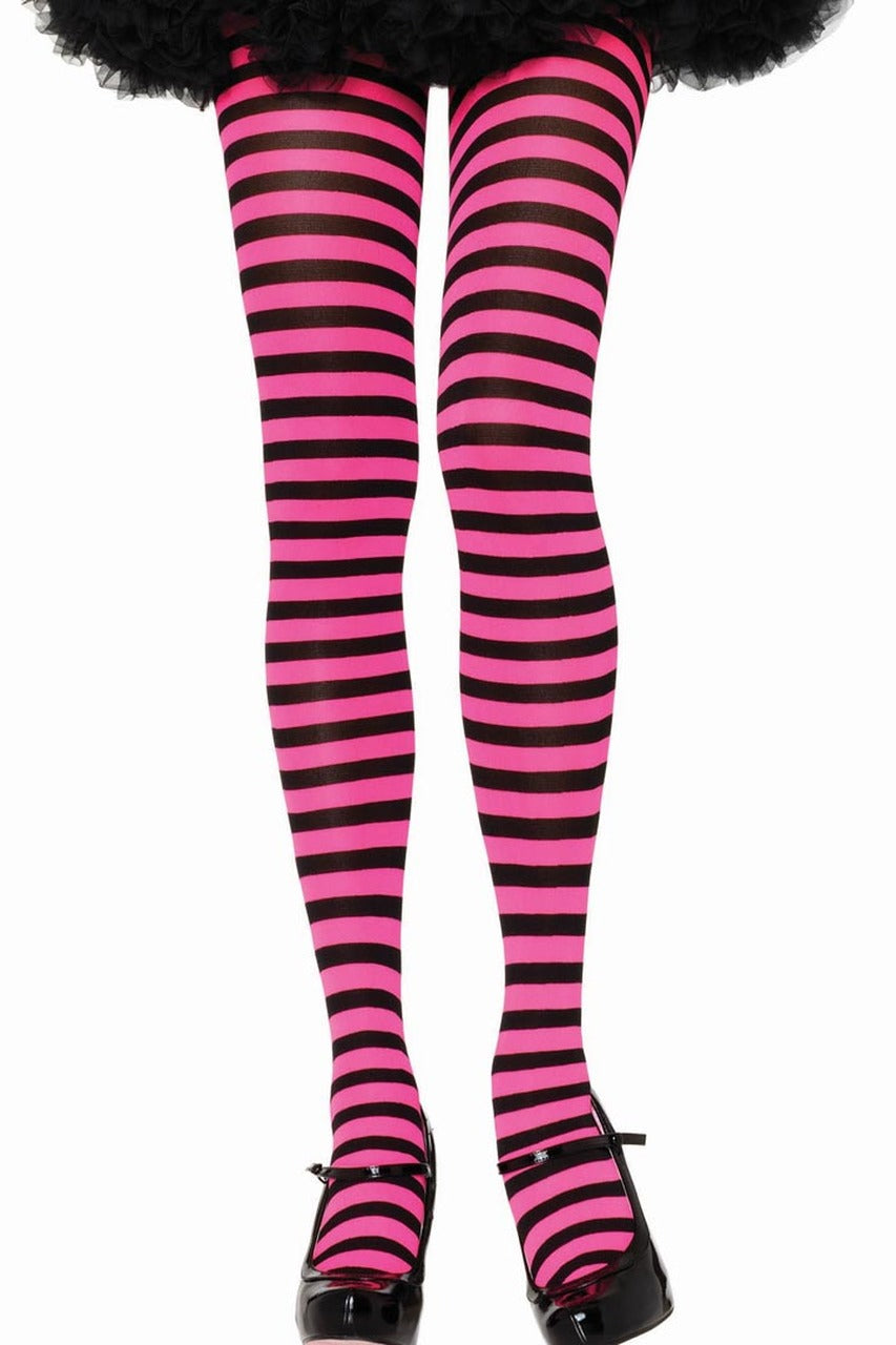 Shop these hot pink and black striped pantyhose with feet