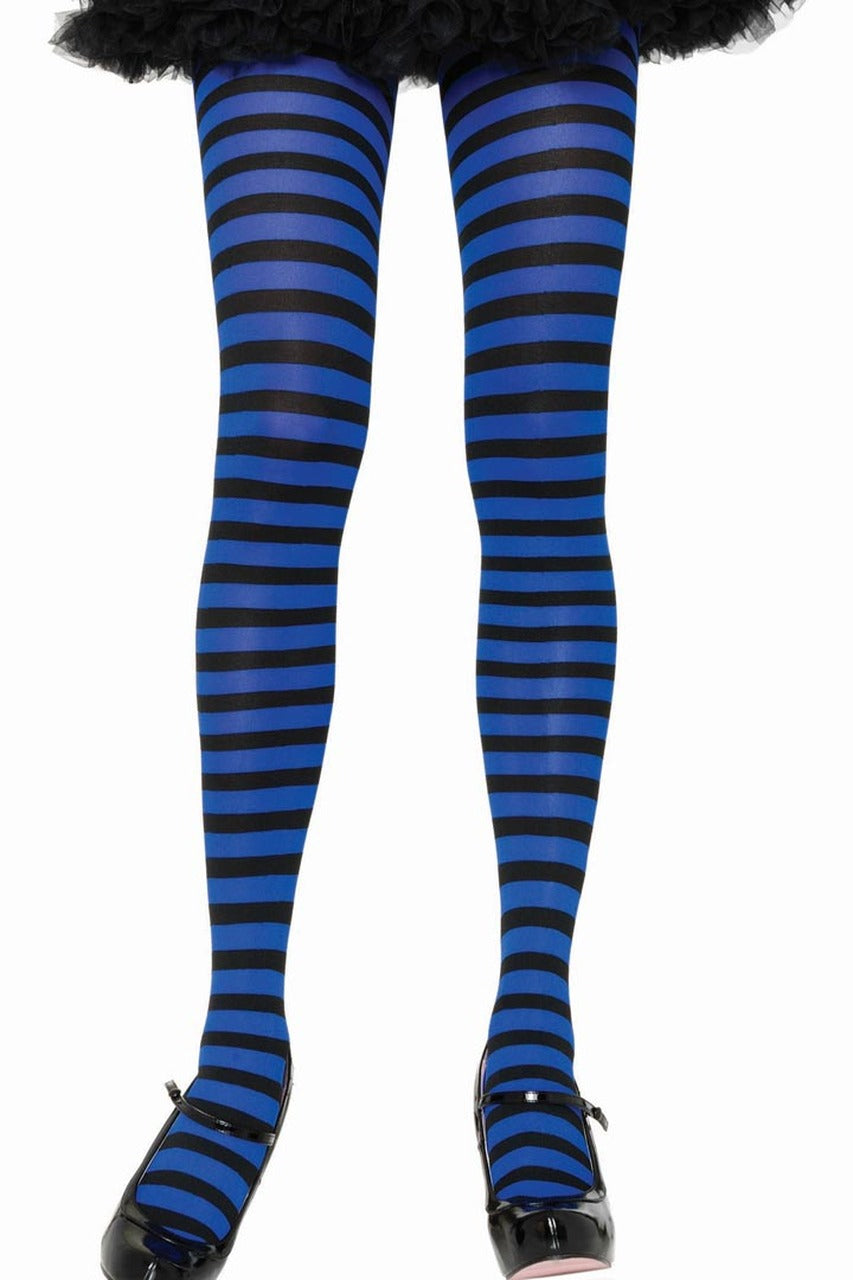 Shop these women's tights with black and royal blue stripes