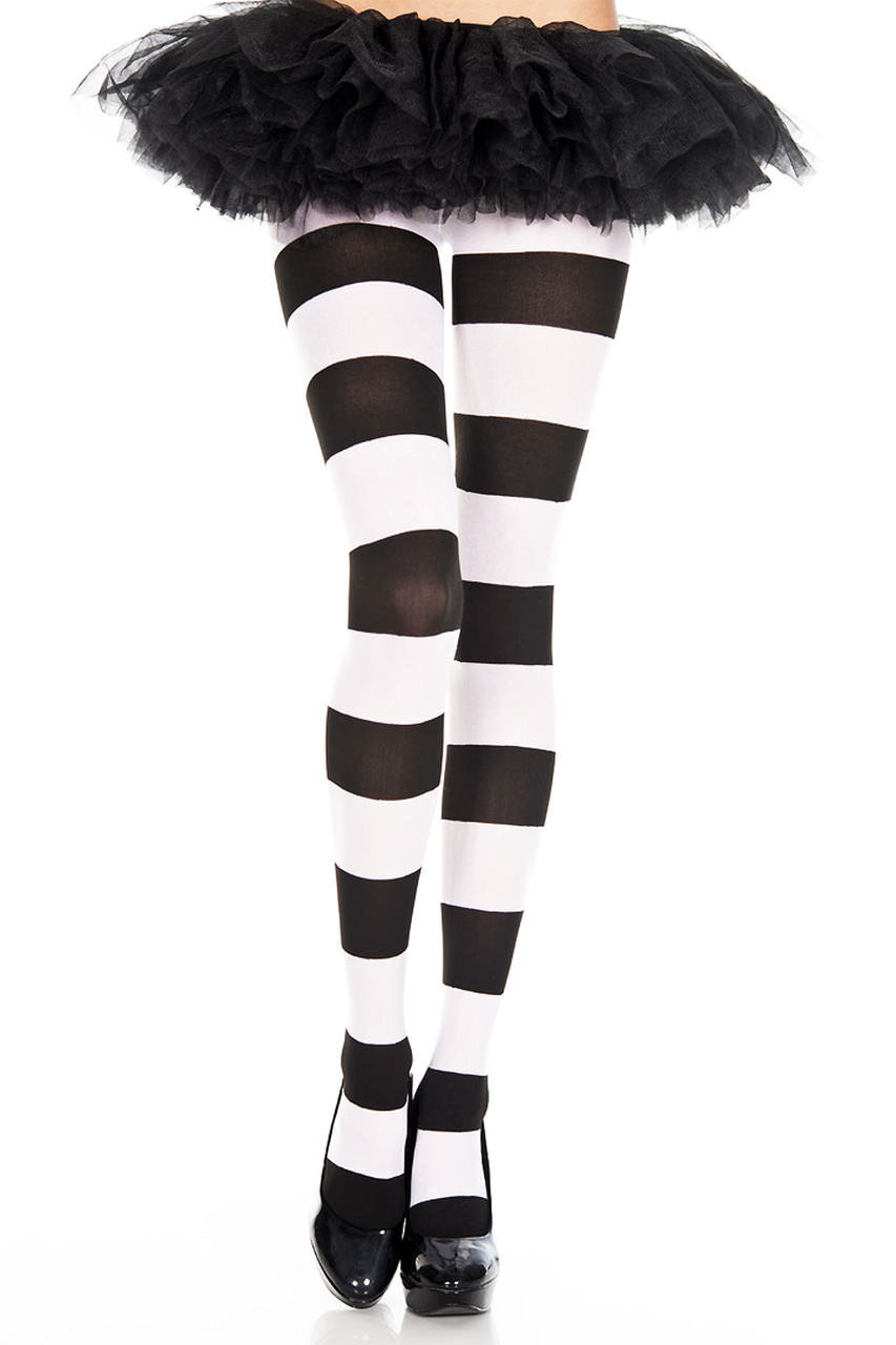 Shop this women's black and white wide striped pantyhose at Julbie.com