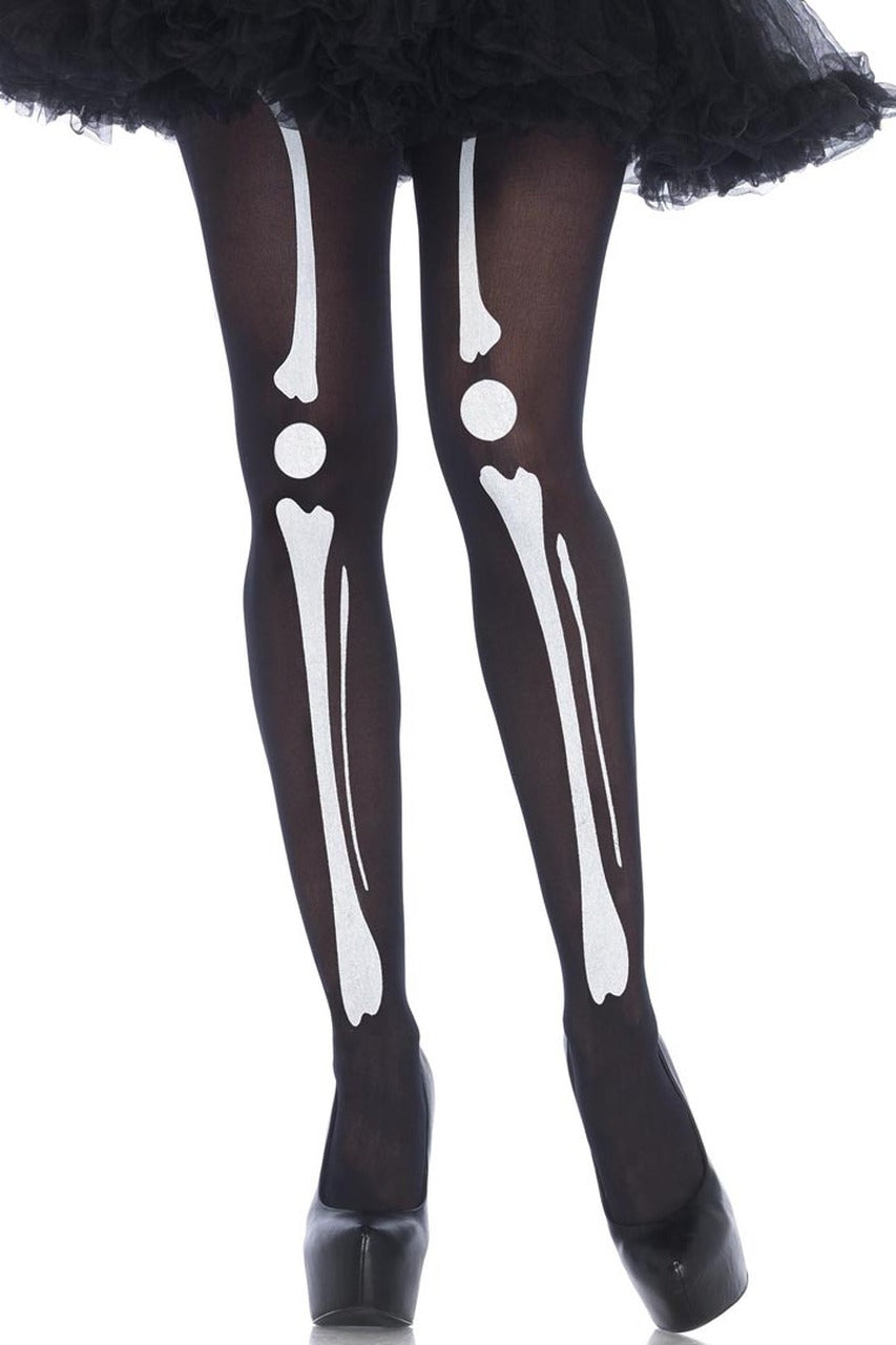 Shop these women's tights with black opaque nylon and white skeleton print
