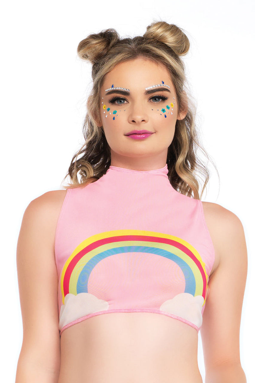 Shop this women's pink sheer mesh sleeveless high neck crop top with rainbow pattern for rave and festival wear
