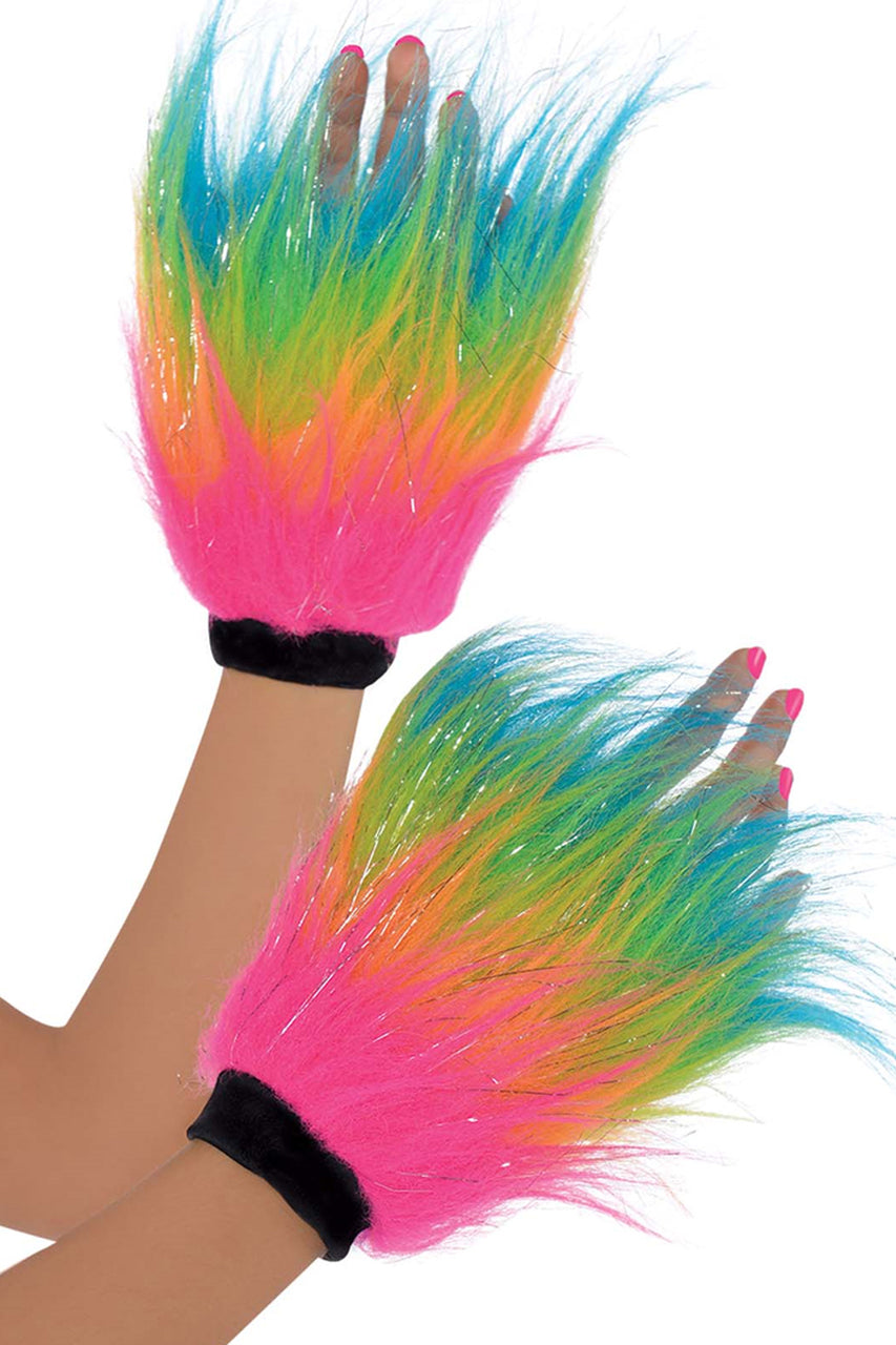 rainbow furry hand warmers, rainbow fur gloves