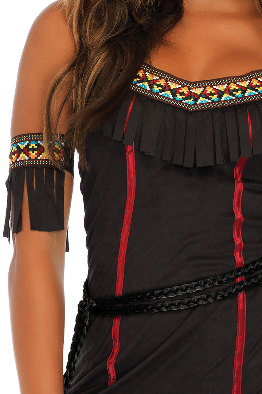 Shop this women's sexy indian costume featuring a black faux suede dress with fringe hemline and arm cuffs