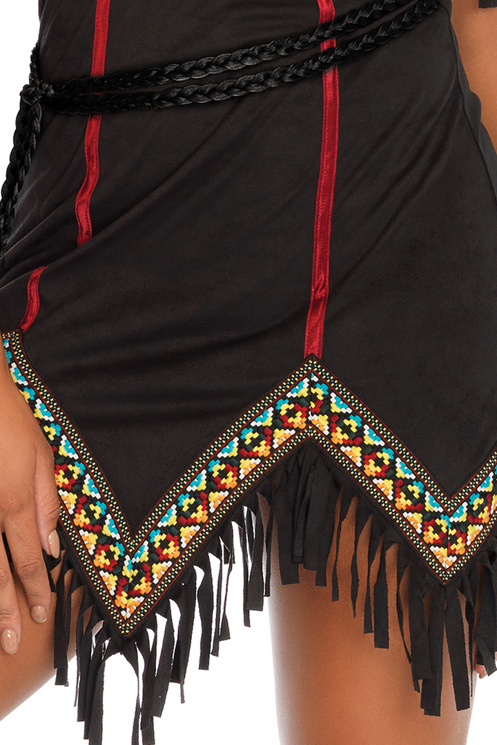 Shop this women's sexy indian costume featuring a black faux suede dress with fringe hemline and arm cuffs