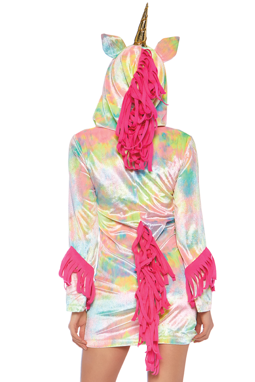 Shop this women's velvet tie dye unicorn dress with pink fringe material tail