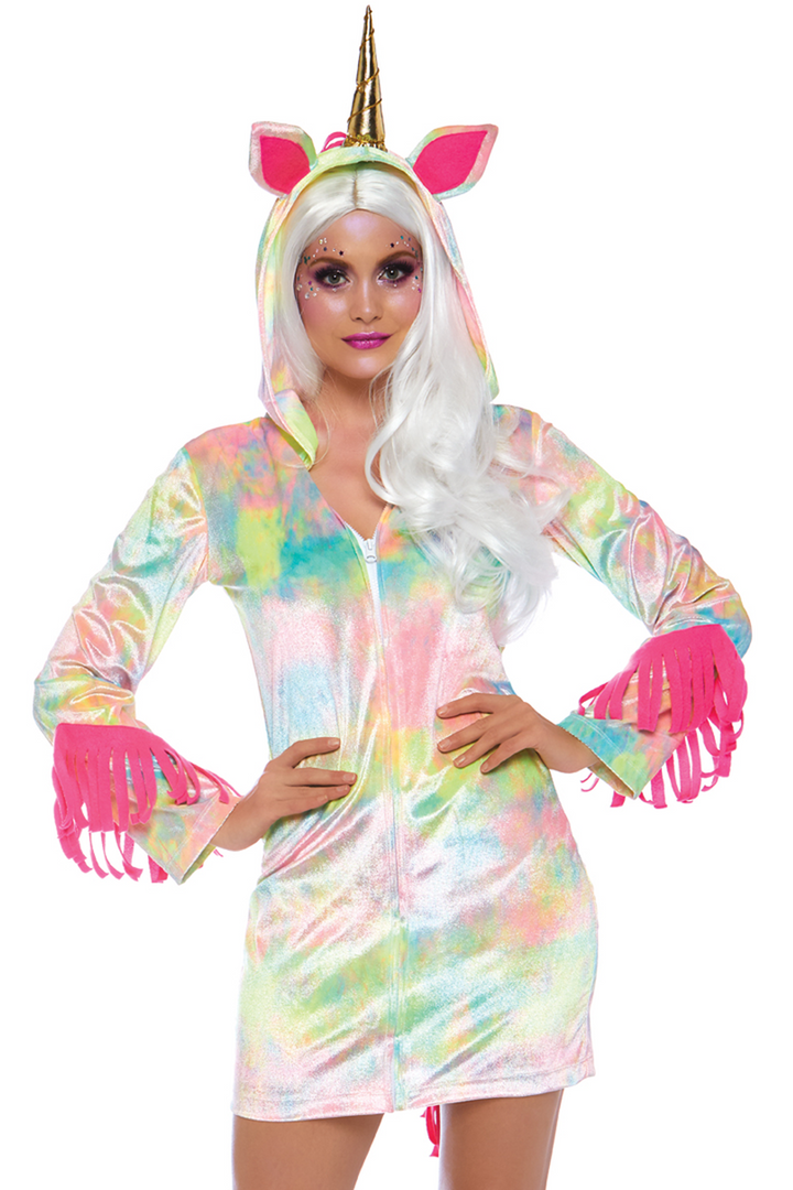 Shop this women's flirty sexy unicorn costume with tie dye velvet dress and attached hood