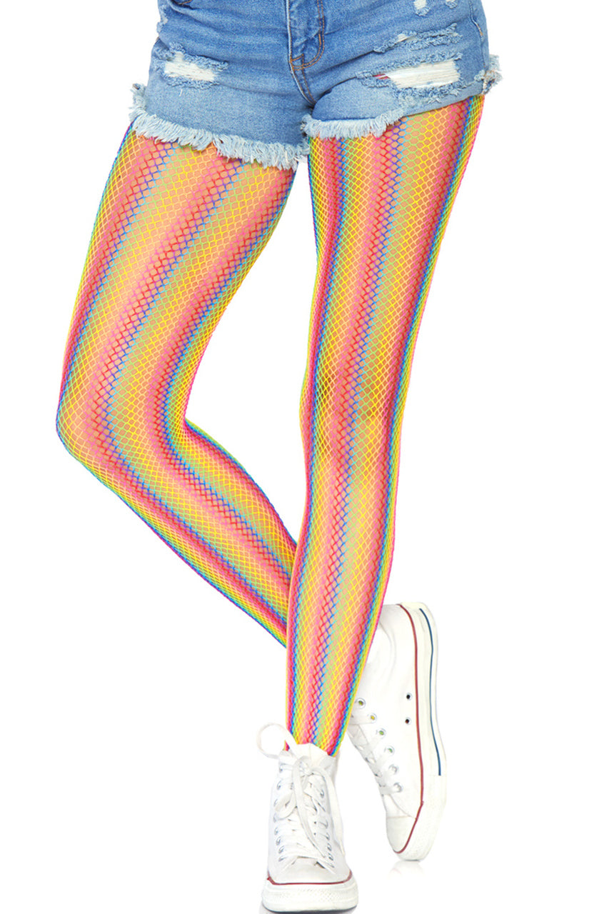 Shop these rainbow striped fishnet pantyhose with feet
