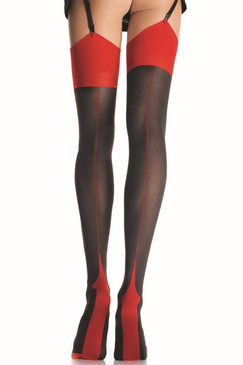 Shop these two toned thigh high stockings featuring black thigh high stockings with red cuban foot heels