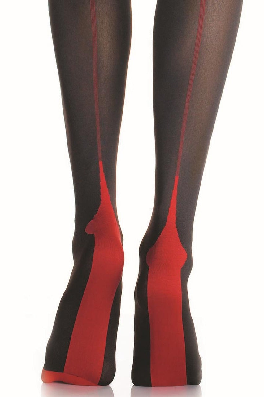 Shop black thigh high stockings with red cuban foot heels