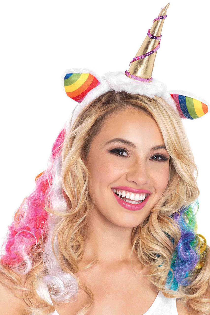 Shop this women's unicorn headband with rainbow striped ears and gold unicorn horn